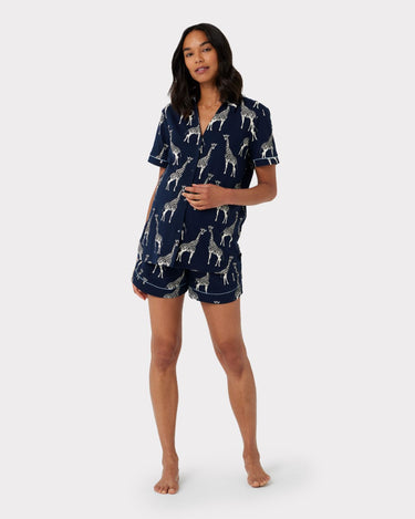 Maternity Navy Giraffe Print Organic Cotton Short Pyjama Set